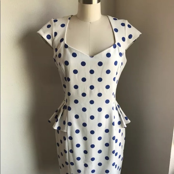 Betsey Johnson Dresses & Skirts - Betsey Johnson ivory and blue polka dot peplum drs